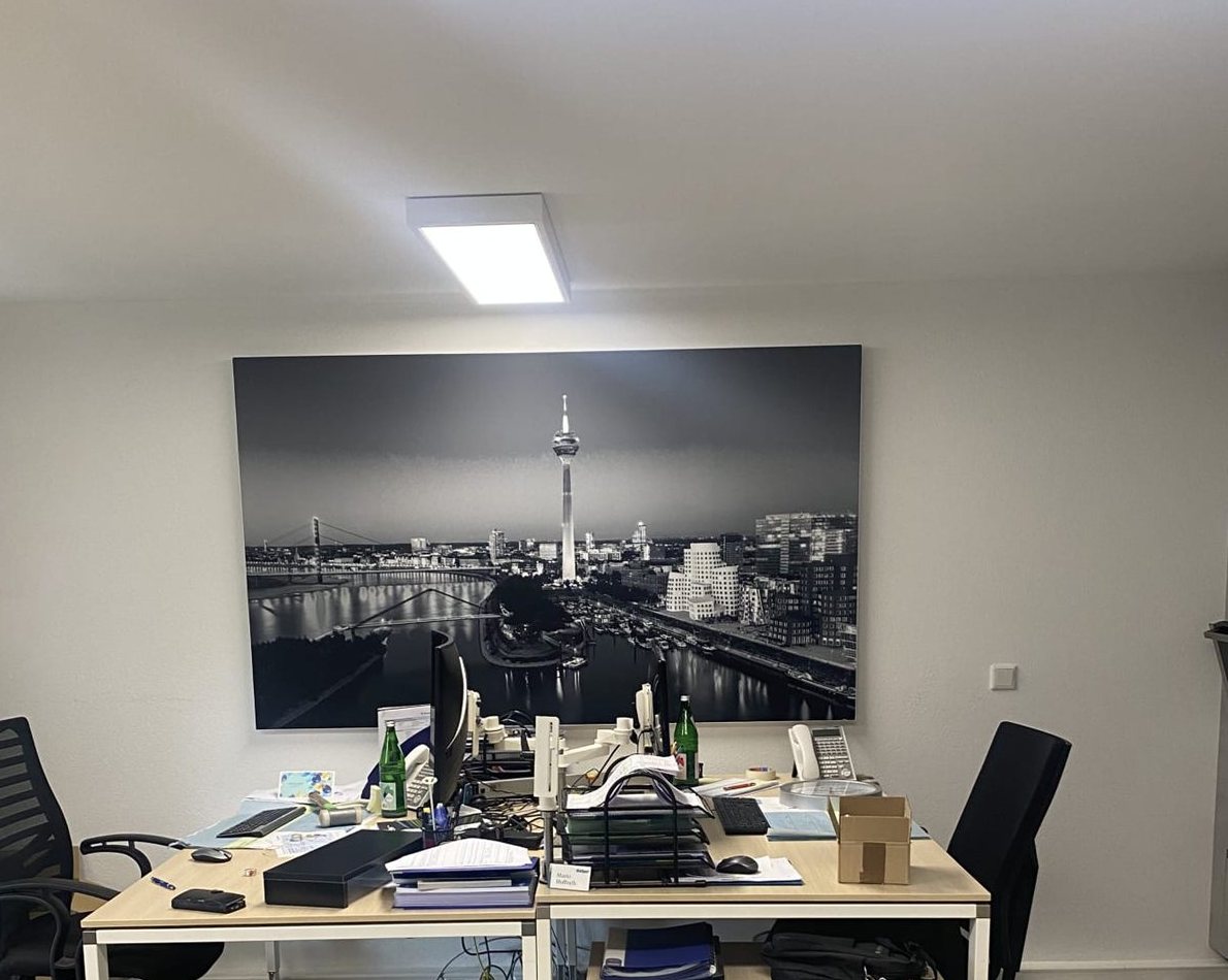 Schallschutzbild mit der Düsseldorfer Skyline im Büro der Gothaer